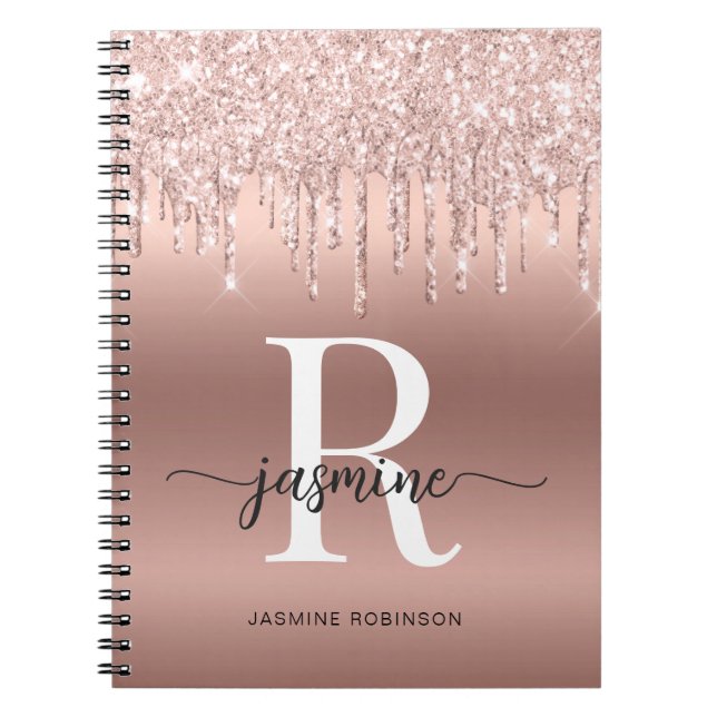Girly Rose Gold Glitter Drips Monogram Name Script Notebook (Front)