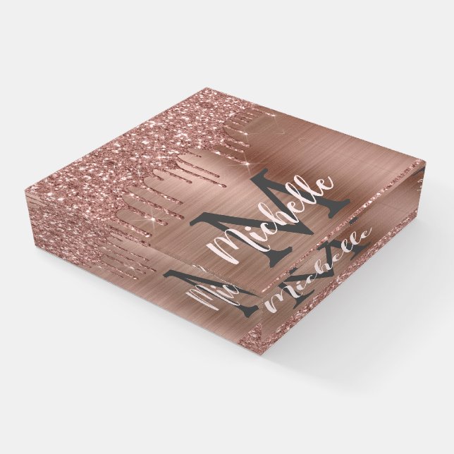 Girly Rose Gold Glitter Drips Monogram Office  Paperweight (Angled)