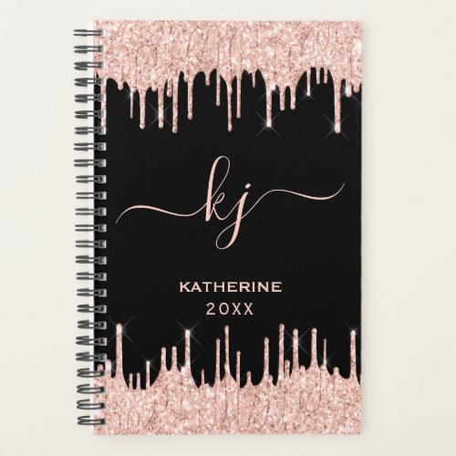 Girly Rose Gold Glitter Drips Monogram Script 2022 Planner