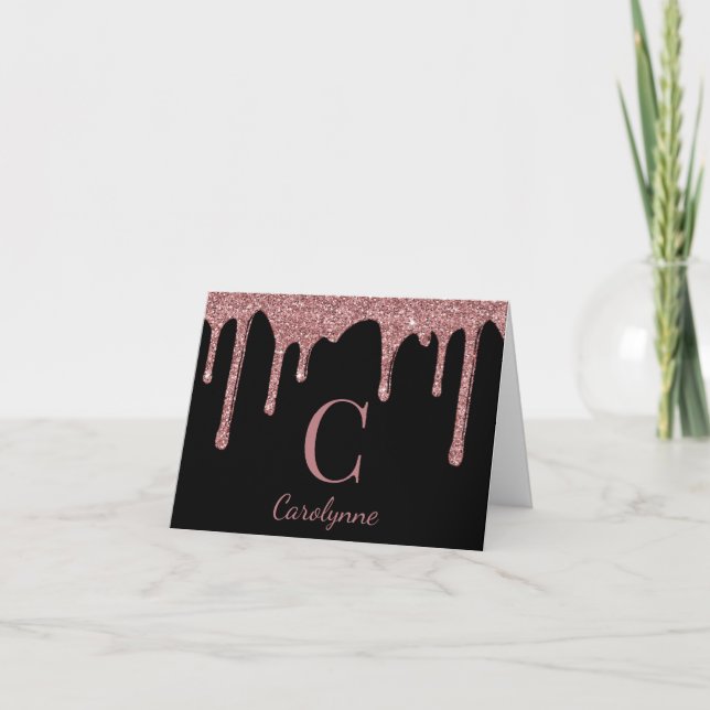 Girly Rose Gold Glitter Drips Monogram Thank You Card (Front)