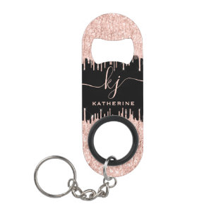 Girly Rose Gold Glitter Drips Monogrammed Keychain Bottle Opener