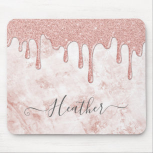 Girly Rose Gold Glitter Drips Mouse Pad