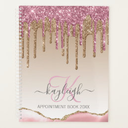 Girly Rose Gold Glitter Drips Ombre Monogram 2024 Planner