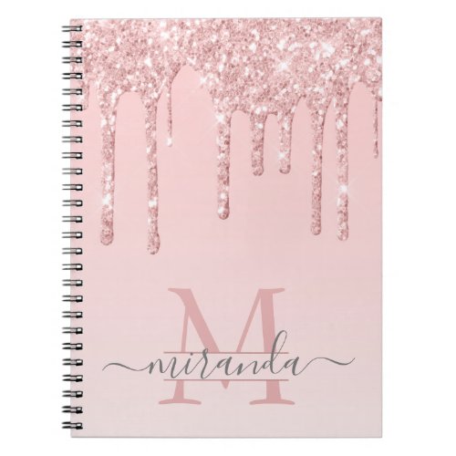 Girly Rose Gold Glitter Drips Ombre Monogram Notebook