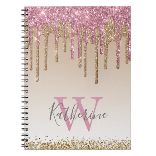 Girly Rose Gold Glitter Drips Ombre Monogram Notebook