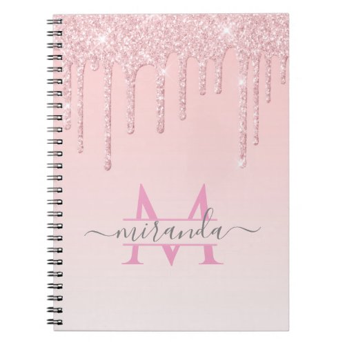 Girly Rose Gold Glitter Drips Ombre Monogram Notebook