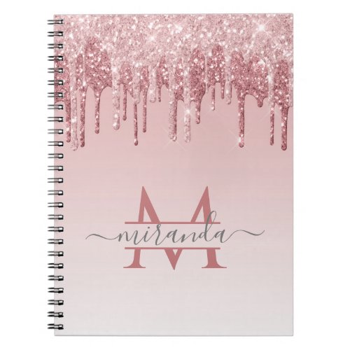Girly Rose Gold Glitter Drips Pink Ombre Monogram Notebook