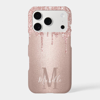 Girly Rose Gold Glitter Drips Script Name Monogram iPhone 17 Pro Case