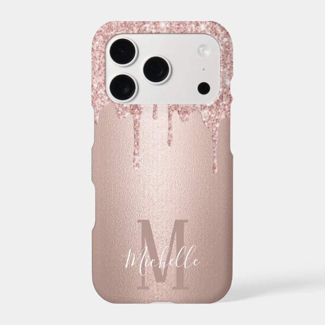 Girly Rose Gold Glitter Drips Script Name Monogram Iphone Case (Back)
