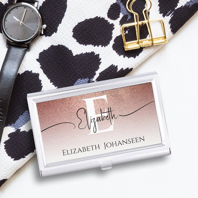 Girly Rose Gold Glitter Elegant White Monogrammed Business Card Case (Creator Uploaded)