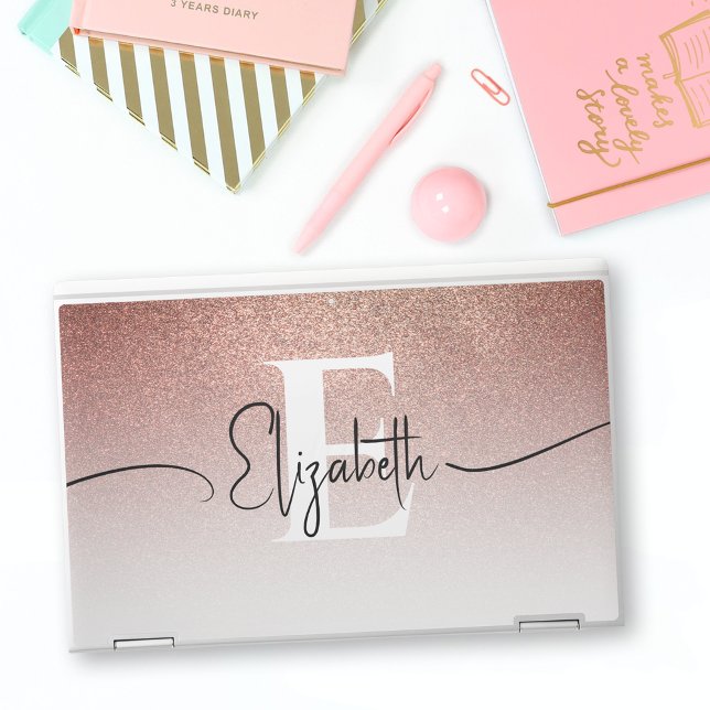 Girly Rose Gold Glitter Elegant White Monogrammed HP Laptop Skin (Creator Uploaded)
