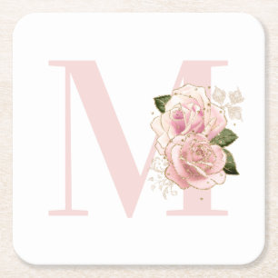 Girly Rose Gold Glitter Floral Blush Monogram Square Paper Coaster