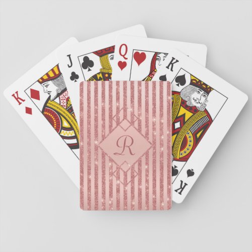 Girly Rose Gold Glitter Glam Monogram Poker Cards