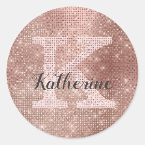 Girly Rose Gold Glitter Glam Sparkle Monogram Name Classic Round Sticker