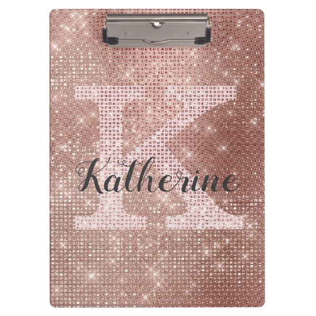 Girly Rose Gold Glitter Glam Sparkle Monogram Name Clipboard (Front)
