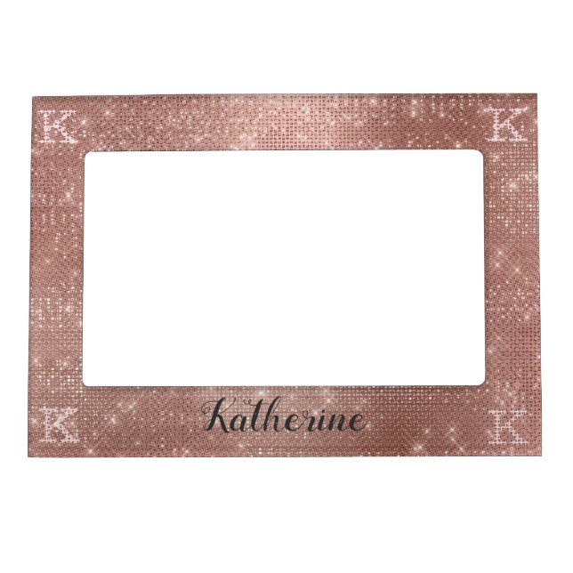 Girly Rose Gold Glitter Glam Sparkle Monogram Name Magnetic Frame (Front)