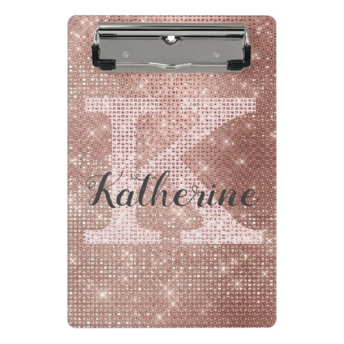 Girly Rose Gold Glitter Glam Sparkle Monogram Name Mini Clipboard