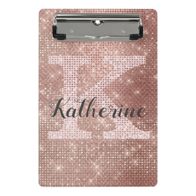 Girly Rose Gold Glitter Glam Sparkle Monogram Name Mini Clipboard (Front)