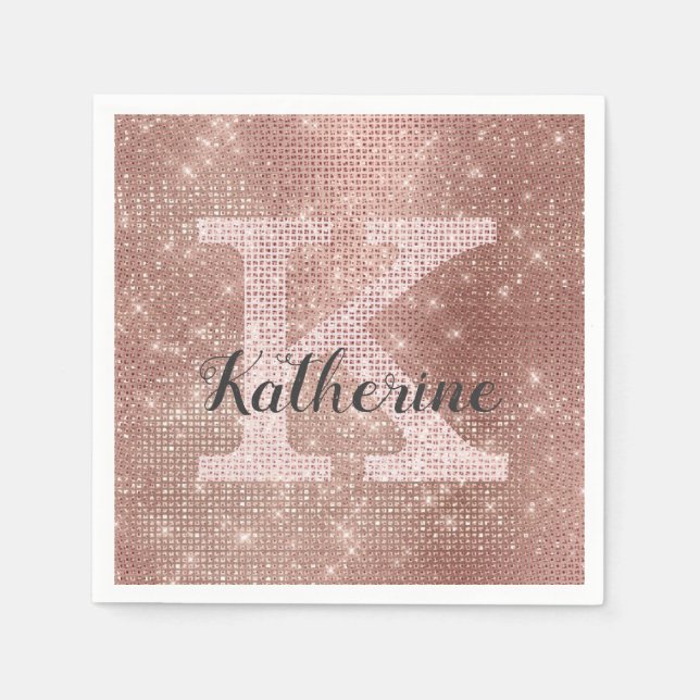 Girly Rose Gold Glitter Glam Sparkle Monogram Name Napkins (Front)