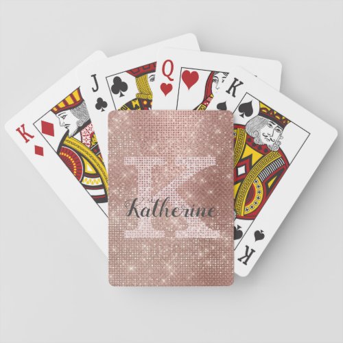 Girly Rose Gold Glitter Glam Sparkle Monogram Name Poker Cards