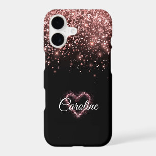 Girly Rose Gold Glitter Heart Monogram iPhone 17 Case