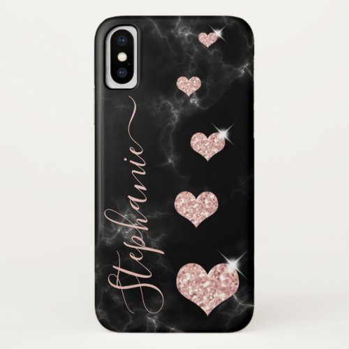 Girly Rose Gold Glitter Hearts Black Marble Name iPhone X Case