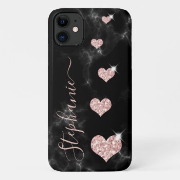 Girly Rose Gold Glitter Hearts Black Marble Name Iphone 11 Case by ilovedigis at Zazzle