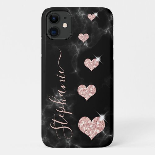 Girly Rose Gold Glitter Hearts Black Marble Name iPhone 11 Case