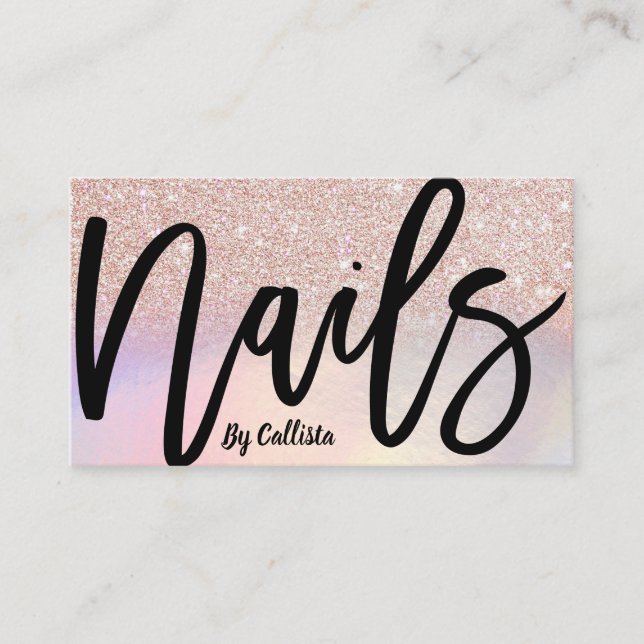 Girly Rose Gold Glitter Iridescent Nail Technician Business Card (Front)