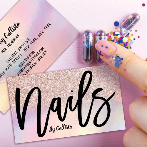 Girly Rose Gold Glitter Iridescent Nail Technician Business Card
