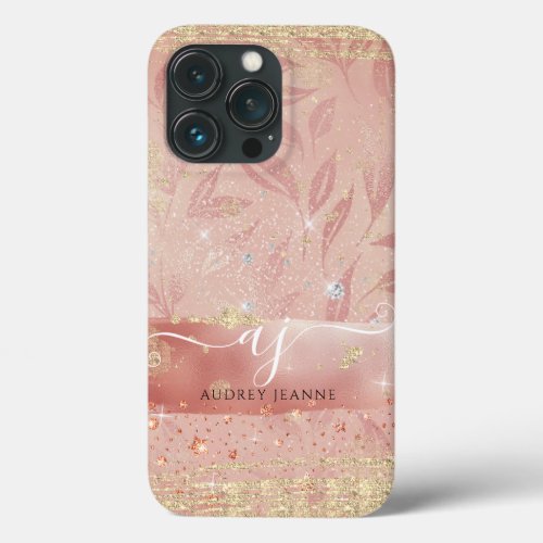 Girly Rose Gold Glitter Jewel Foliage Script Name iPhone 13 Pro Case