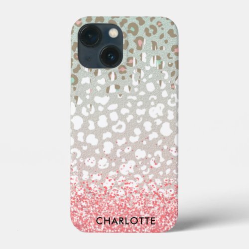 Girly Rose Gold Glitter Leopard Blush Name iPhone  iPhone 13 Mini Case