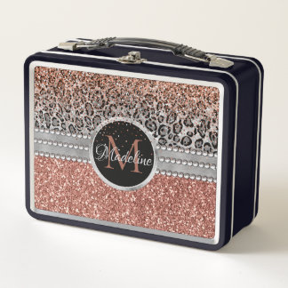 Girly Rose Gold Glitter Leopard Monogram Metal Lunch Box