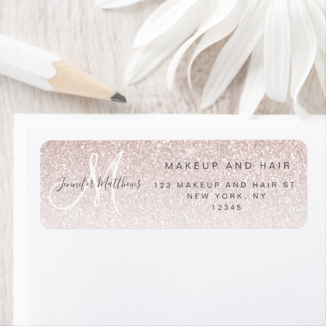 Girly Rose Gold Glitter Makeup Hair Salon Address Label (Insitu)