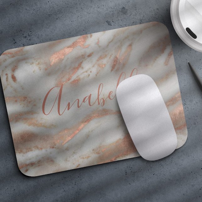 Girly rose gold glitter marble elegant name script mouse pad (Creator Uploaded)