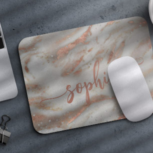 Girly rose gold glitter marble elegant script name mouse pad