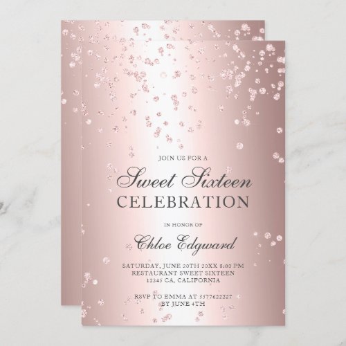 Girly rose gold glitter metallic sweet sixteen invitation