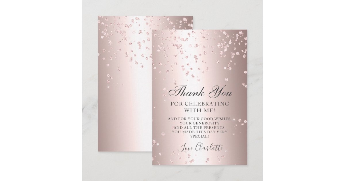 Girly rose gold glitter metallic sweet sixteen thank you card | Zazzle