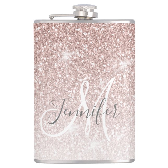 Girly Rose Gold Glitter Monogram Bachelorette Flask (Front)