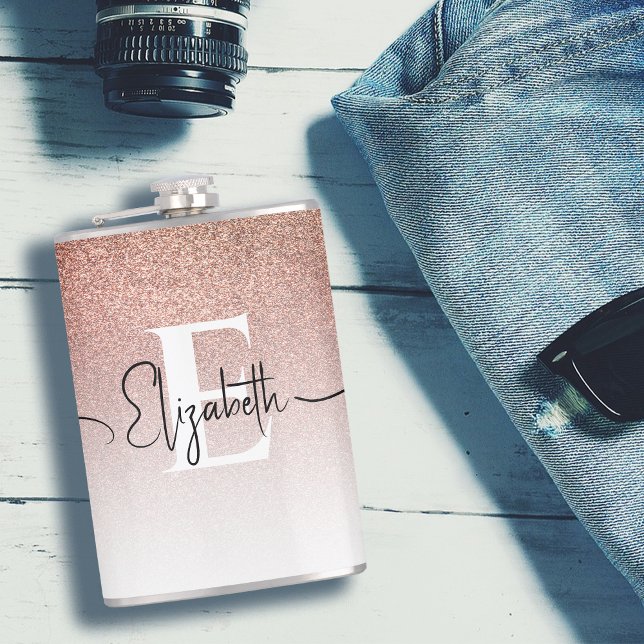 Girly Rose Gold Glitter Monogram Black Script Name Flask (Creator Uploaded)