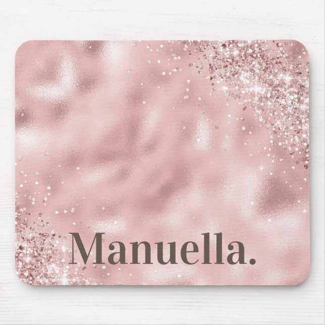 Girly Rose Gold Glitter Monogram Custom Name Mouse Pad (Front)