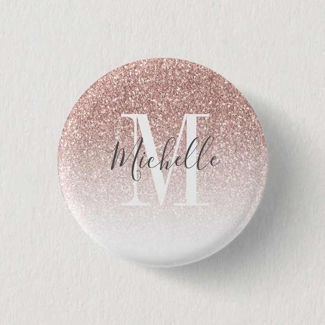 Girly Rose Gold Glitter Monogram Name Blush Pink Button (Front)