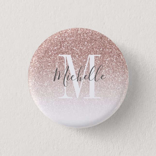 Girly Rose Gold Glitter Monogram Name Blush Pink Button (Front)