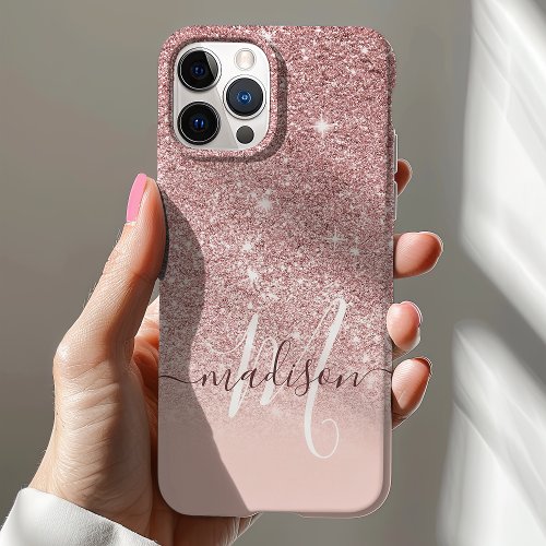 Girly Rose Gold Glitter Monogram Name Iphone 12 Case