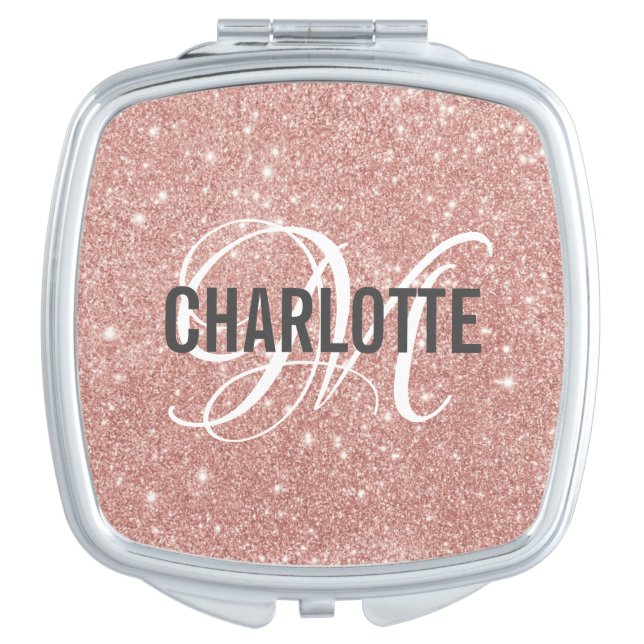 Girly rose gold glitter monogram name  compact mir mirror (Front)