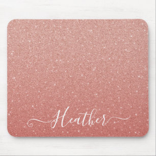 Girly Rose Gold Glitter Monogram Name Mouse Pad