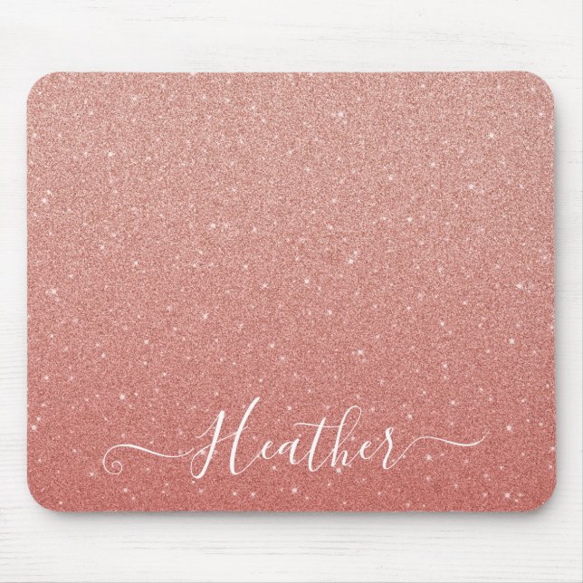 Girly Rose Gold Glitter Monogram Name Mouse Pad (Front)