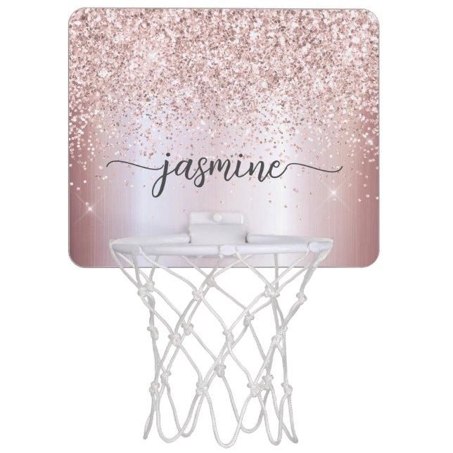 Girly Rose Gold Glitter Monogram Name Script Mini Basketball Hoop (Front)