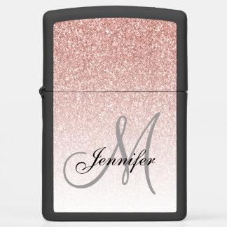Girly Rose Gold Glitter Monogram Name Zippo Lighter