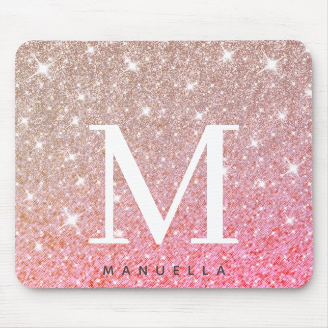 Girly Rose Gold Glitter Monogram Personalized Mouse Pad (Front)